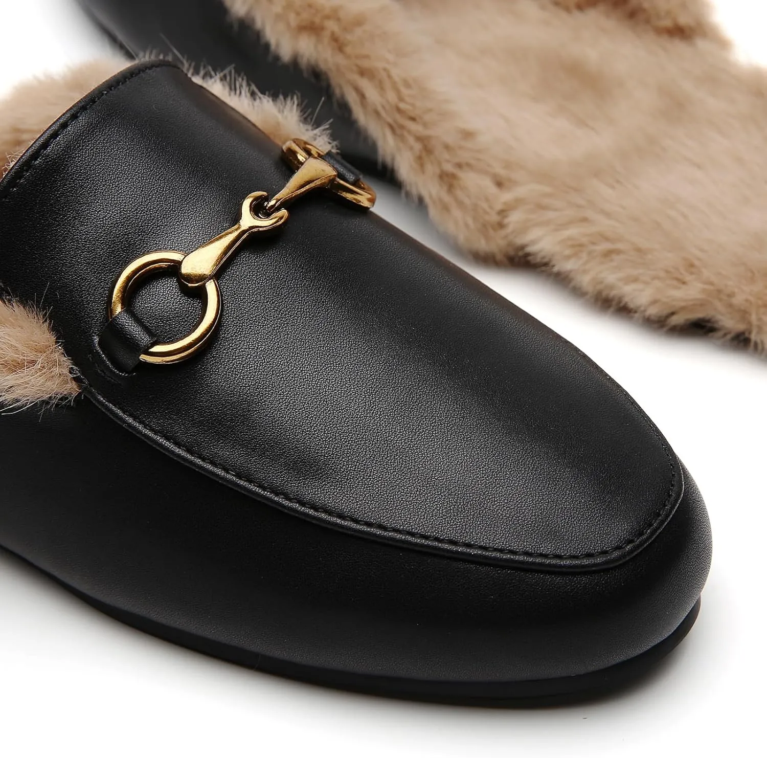Minorsu Buckle Fur Mules for Women Slip on Loafers Closed Round Toe Backless Flat Mules Comfortable Slides Shoes