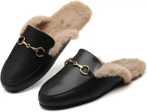 Minorsu Buckle Fur Mules for Women Slip on Loafers Closed Round Toe Backless Flat Mules Comfortable Slides Shoes