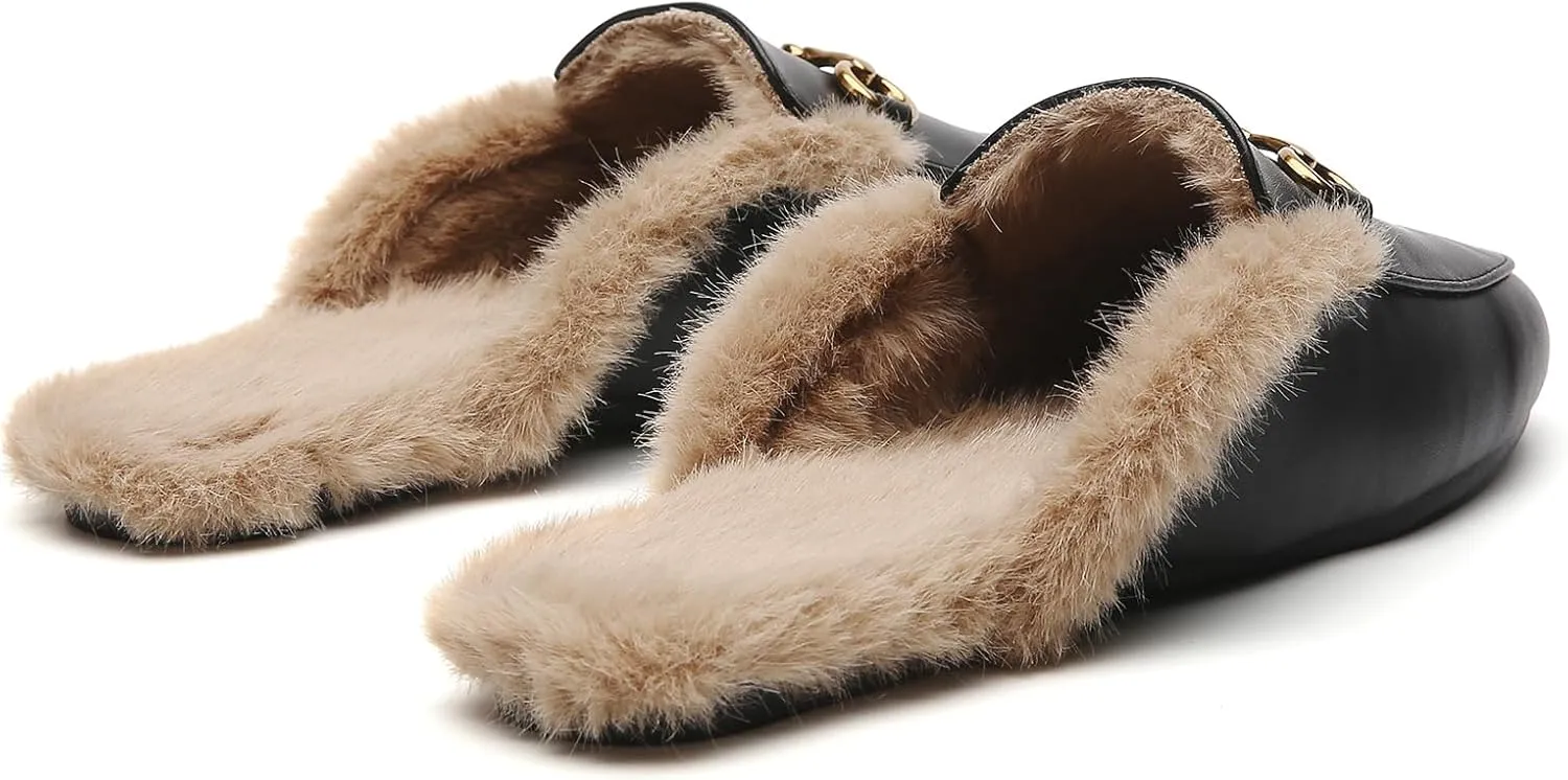 Minorsu Buckle Fur Mules for Women Slip on Loafers Closed Round Toe Backless Flat Mules Comfortable Slides Shoes