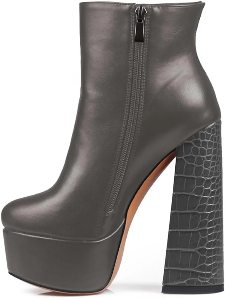 miss left Women Thick Platform Round Toe Ankle Boots Side Zip Crocodile Chunky Heels Booties Fashion Party Shoes Size 4-16 US