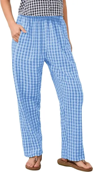 MISSACTIVER Women's Casual Y2K Plaid Pants Mid Rise Wide Leg Trousers Elastic Waist Baggy Loose Lounge Long Pants with Pocket