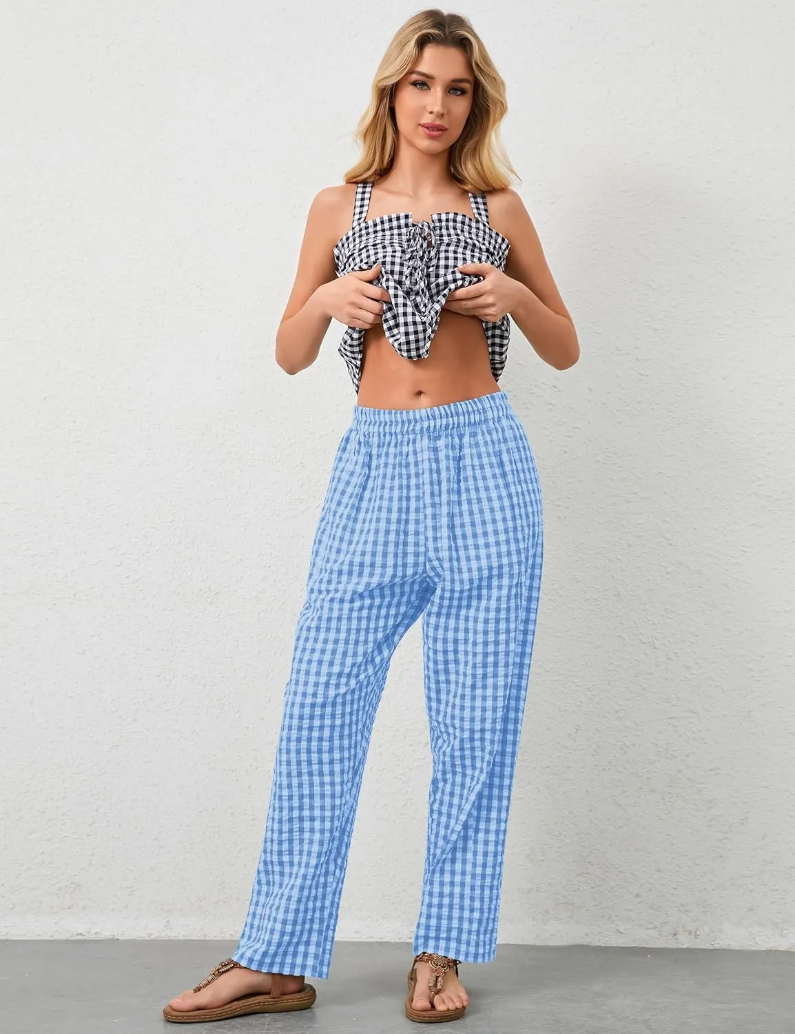 MISSACTIVER Women's Casual Y2K Plaid Pants Mid Rise Wide Leg Trousers Elastic Waist Baggy Loose Lounge Long Pants with Pocket