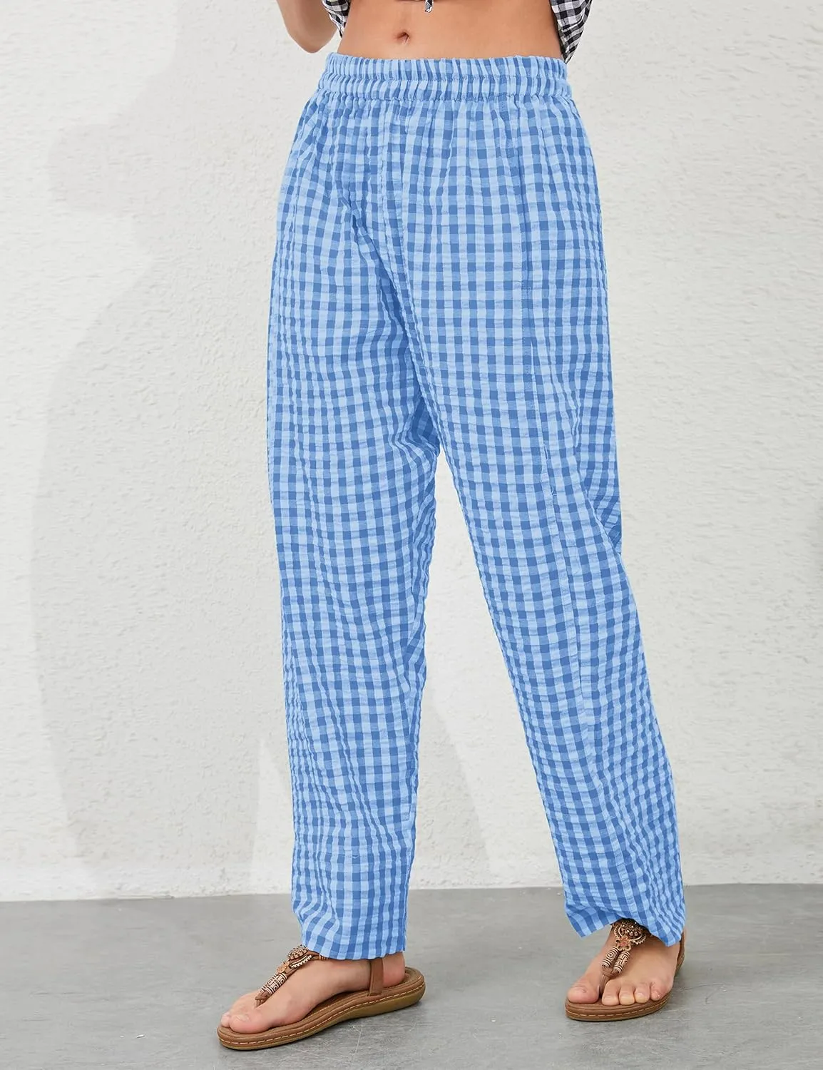 MISSACTIVER Women's Casual Y2K Plaid Pants Mid Rise Wide Leg Trousers Elastic Waist Baggy Loose Lounge Long Pants with Pocket