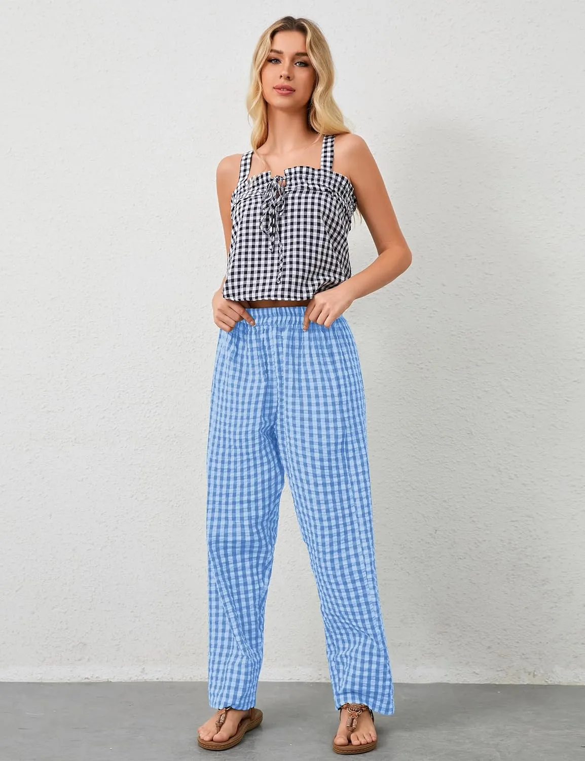 MISSACTIVER Women's Casual Y2K Plaid Pants Mid Rise Wide Leg Trousers Elastic Waist Baggy Loose Lounge Long Pants with Pocket