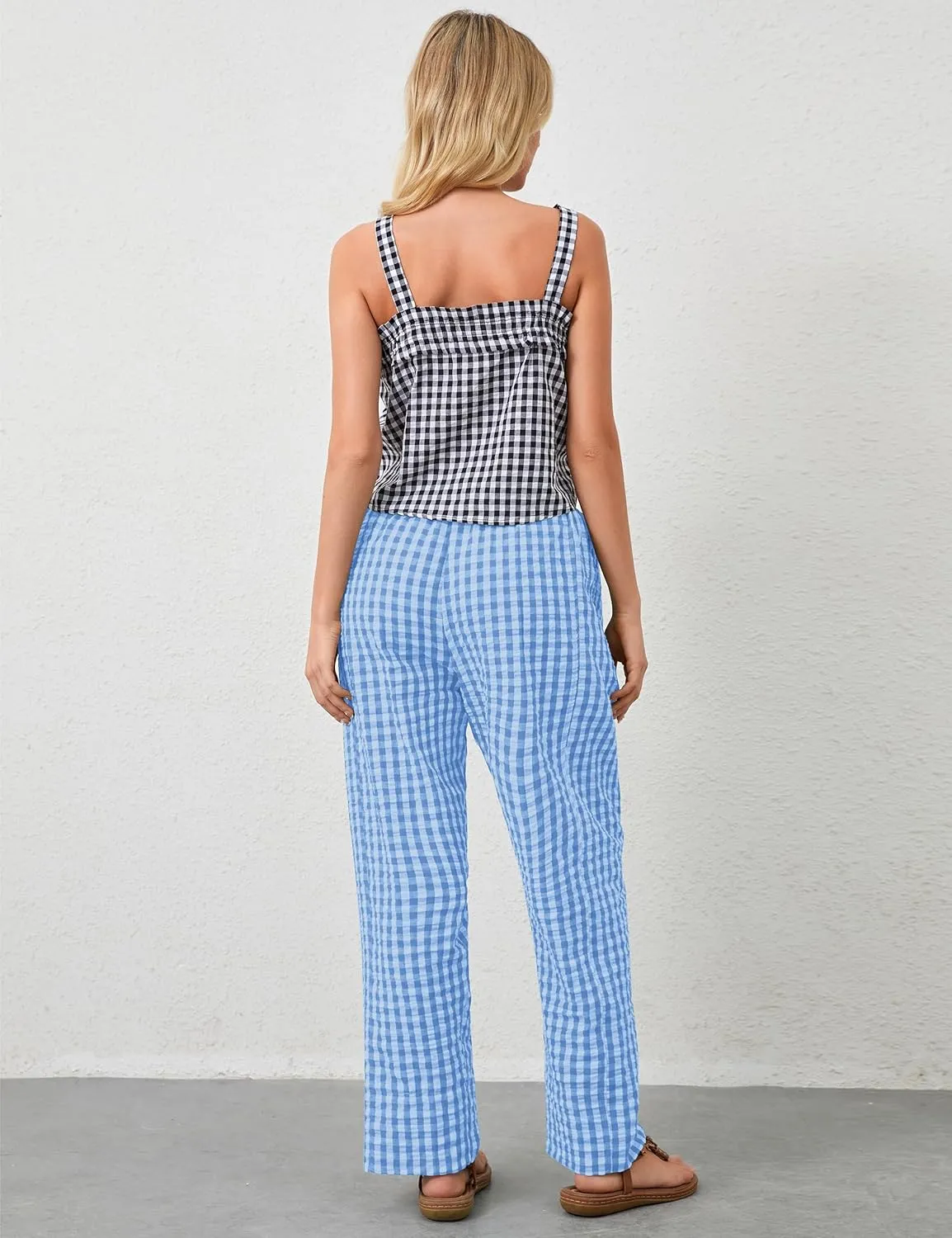MISSACTIVER Women's Casual Y2K Plaid Pants Mid Rise Wide Leg Trousers Elastic Waist Baggy Loose Lounge Long Pants with Pocket
