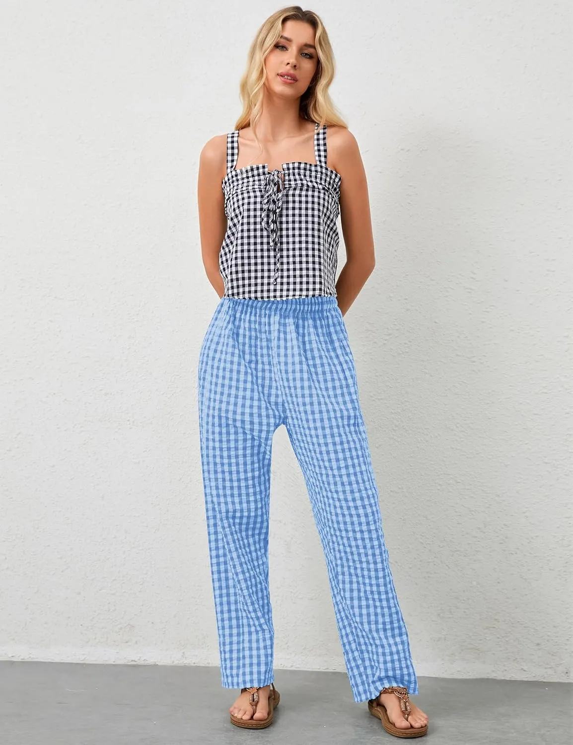 MISSACTIVER Women's Casual Y2K Plaid Pants Mid Rise Wide Leg Trousers Elastic Waist Baggy Loose Lounge Long Pants with Pocket