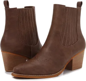 mm Women PU Leather Stacked Heel Ankle Chelsea Boots