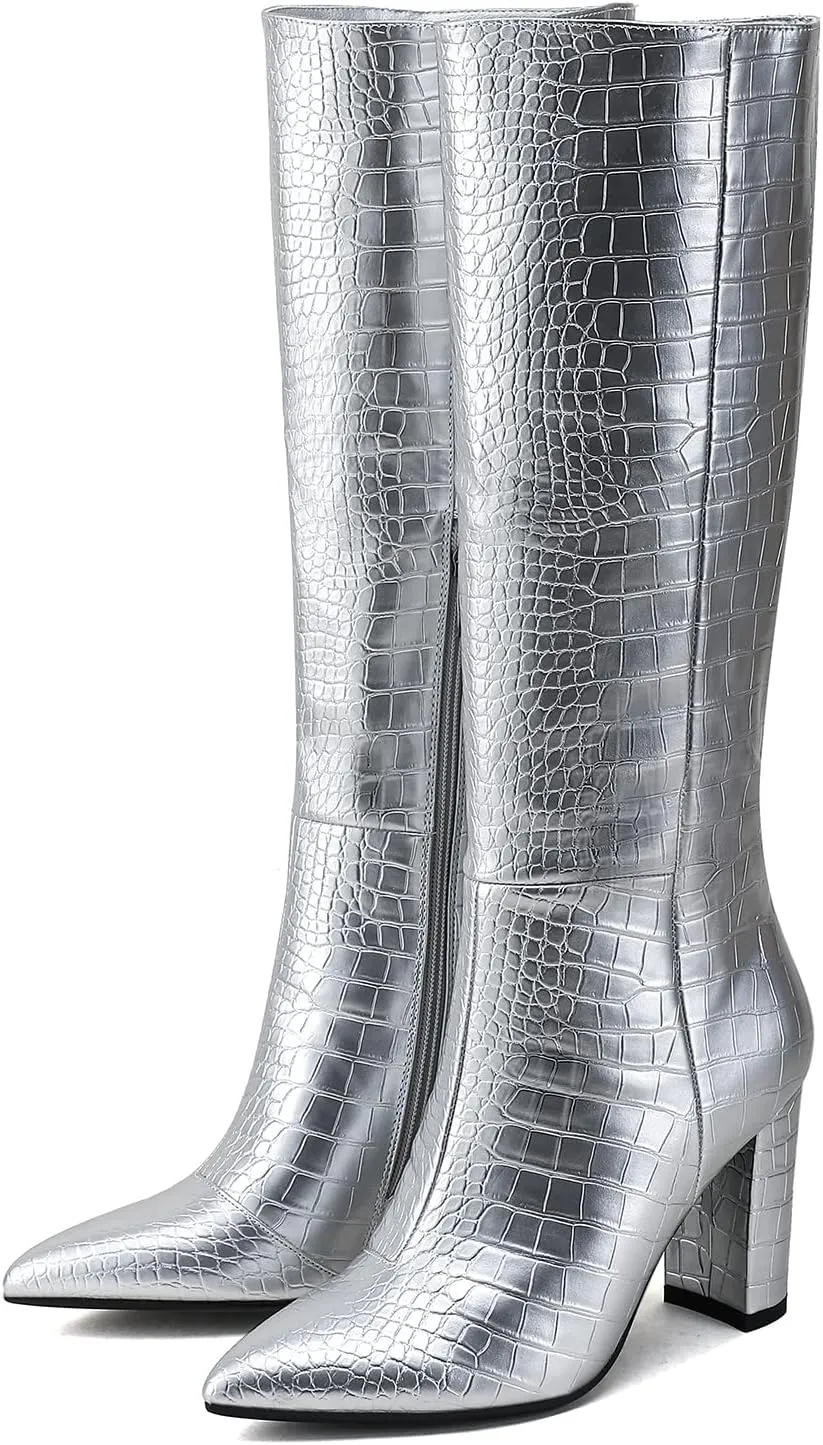 Modatope Knee High Women's Riding Boots - Tall, Long Calf High GoGo Chunky Faux Crocodile Boots - Block Heel Pointed Toe - Size 6-11
