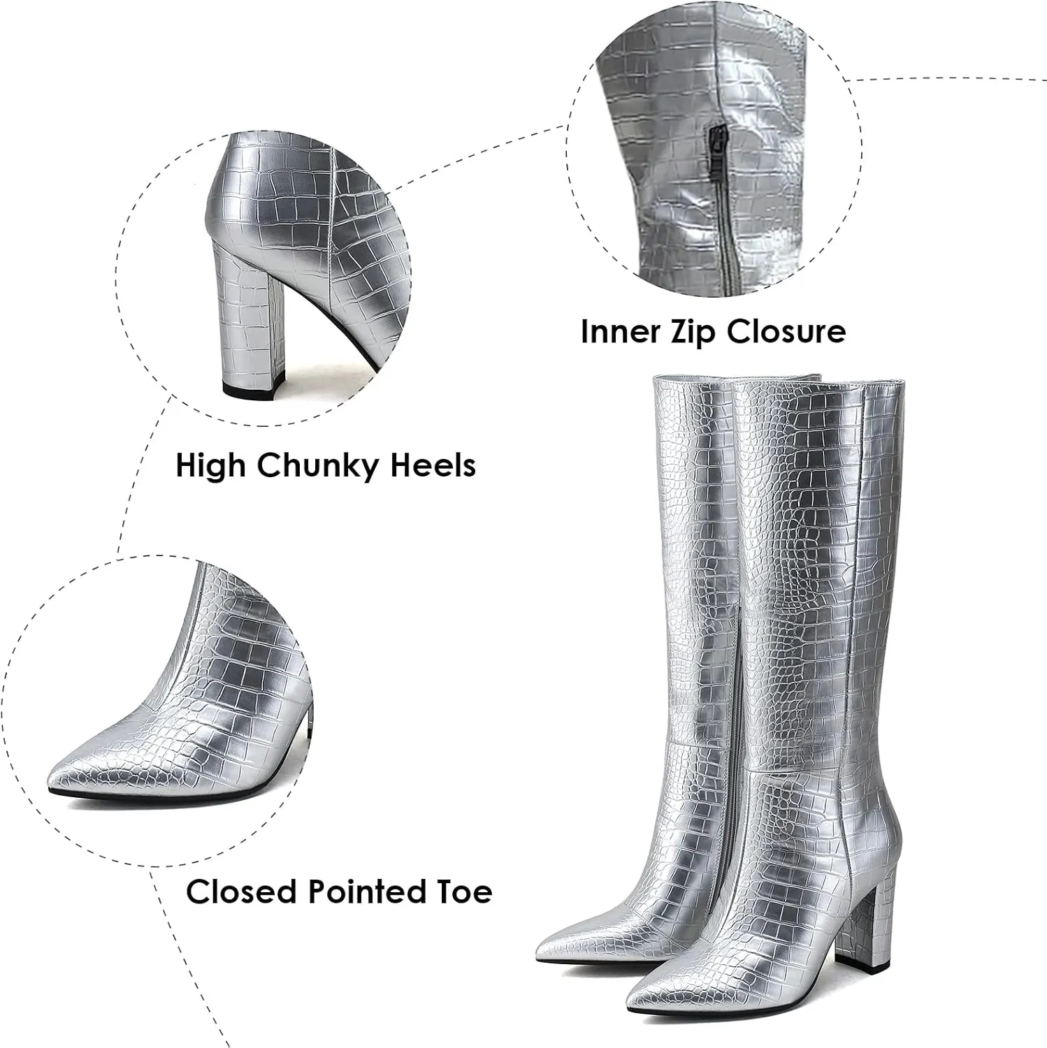 Modatope Knee High Women's Riding Boots - Tall, Long Calf High GoGo Chunky Faux Crocodile Boots - Block Heel Pointed Toe - Size 6-11