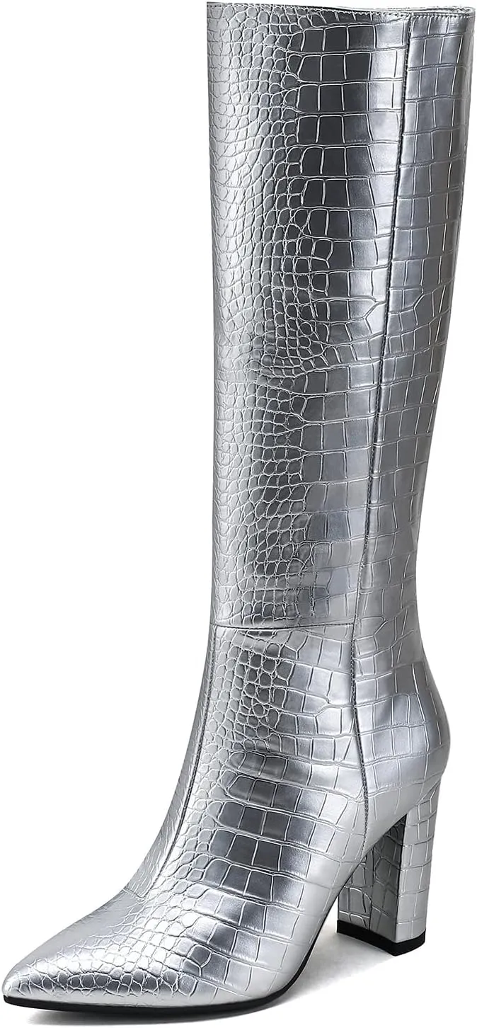 Modatope Knee High Women's Riding Boots - Tall, Long Calf High GoGo Chunky Faux Crocodile Boots - Block Heel Pointed Toe - Size 6-11
