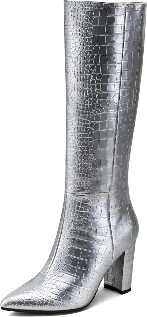 Modatope Knee High Women's Riding Boots - Tall, Long Calf High GoGo Chunky Faux Crocodile Boots - Block Heel Pointed Toe - Size 6-11