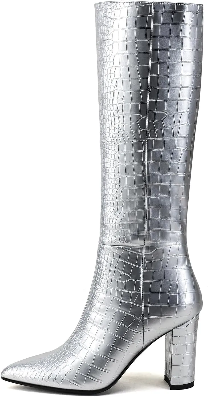 Modatope Knee High Women's Riding Boots - Tall, Long Calf High GoGo Chunky Faux Crocodile Boots - Block Heel Pointed Toe - Size 6-11