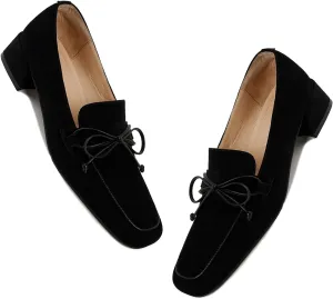 MOOMMO Women Chunky Low Heel Loafers Bow Suede Slip On Closed Square Toe Loafer Shoes Oxfords Comfy 1 Inch Block Heels Dress Shoes Pumps Office Work Pumps Vintage Retro Comfy 4-11 M US