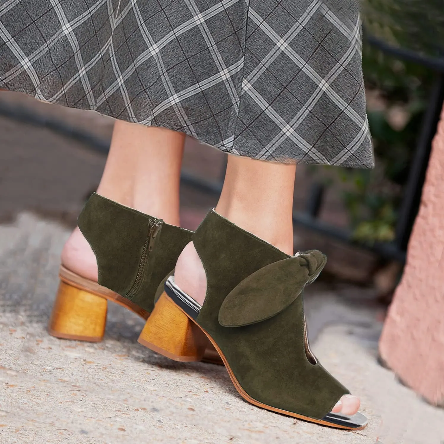 MOOMMO Women Heeled Sandals with Bow Open Toe Low Chunky Block Heel Sandal Booties Cutout 2" Heels Backless Slingback Dress Shoes Peep Toe Back Zipper Suede Sandal Dressy Casual Summer Beach 4-13 M US