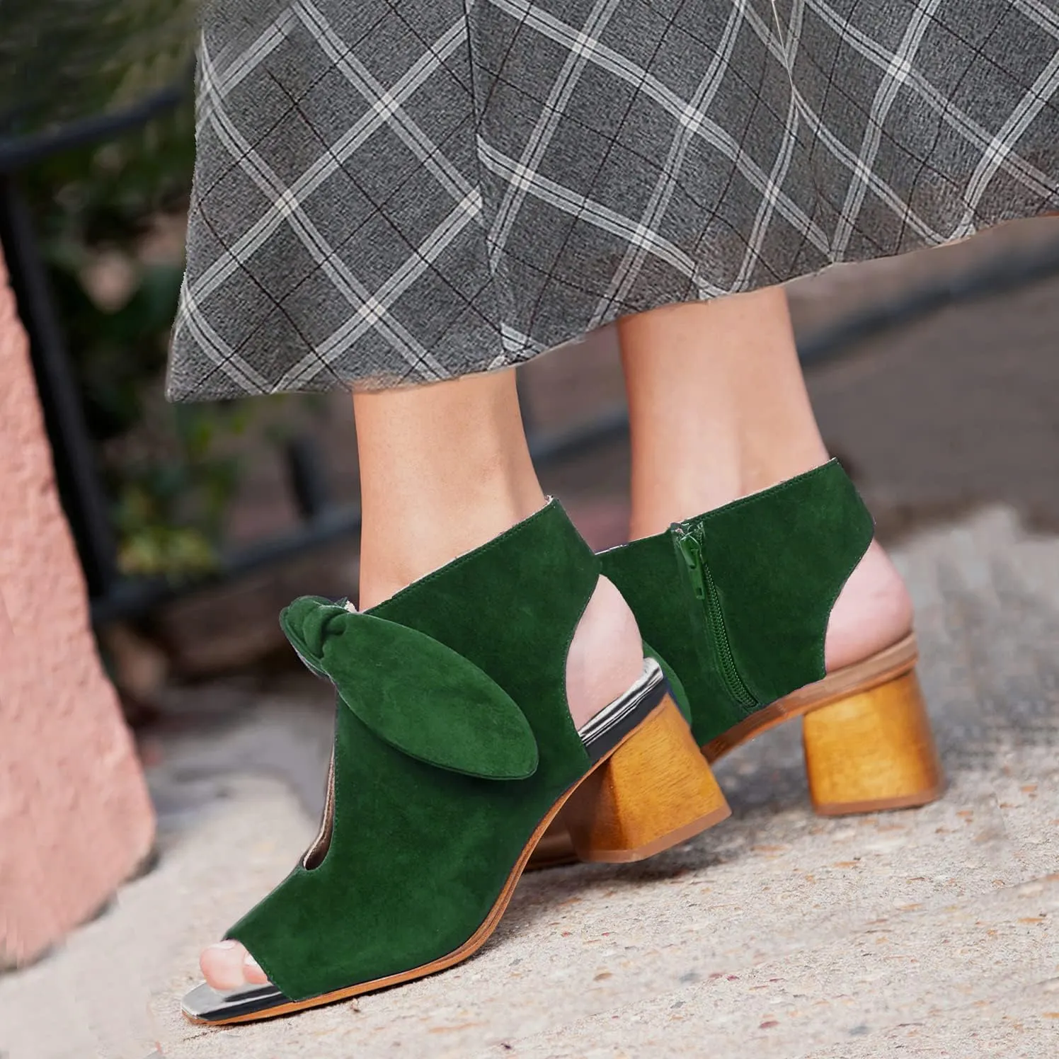 MOOMMO Women Heeled Sandals with Bow Open Toe Low Chunky Block Heel Sandal Booties Cutout 2" Heels Backless Slingback Dress Shoes Peep Toe Back Zipper Suede Sandal Dressy Summer Beach Casual 4-13 M US