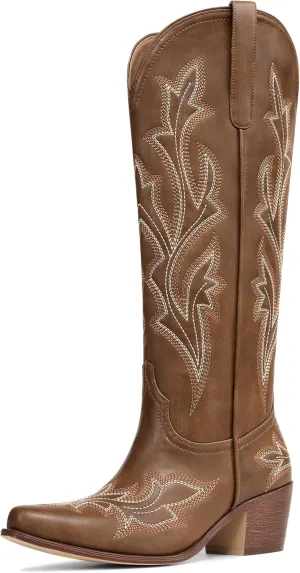 MUCCCUTE Cowboy Boots for Women Western Cowgirl Boots Knee High Pointed Toe Chunky Heels Embroidered Pull On Country Tall Boots
