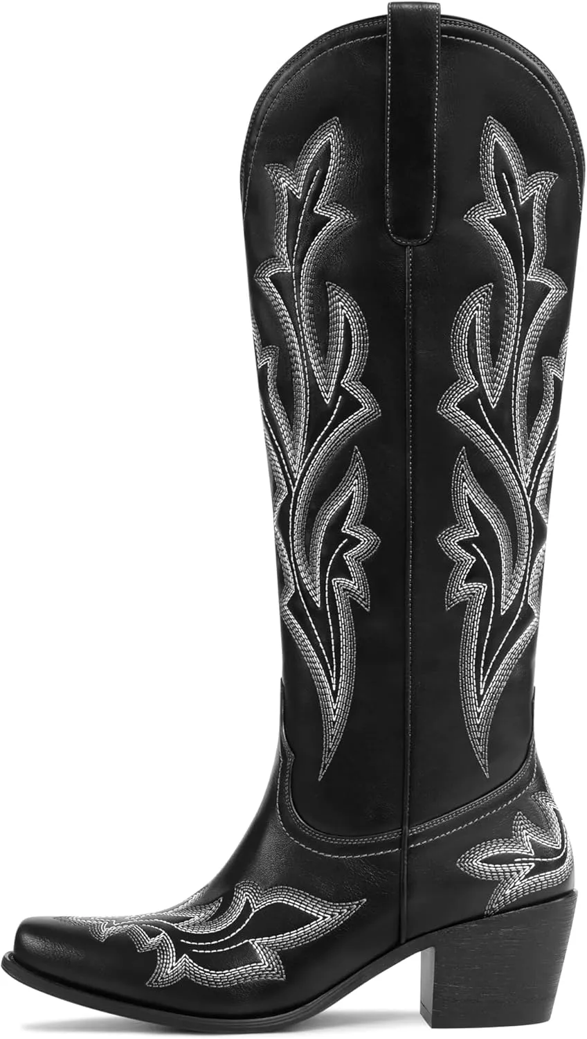 MUCCCUTE Cowboy Boots for Women Western Cowgirl Boots Knee High Pointed Toe Chunky Heels Embroidered Pull On Country Tall Boots