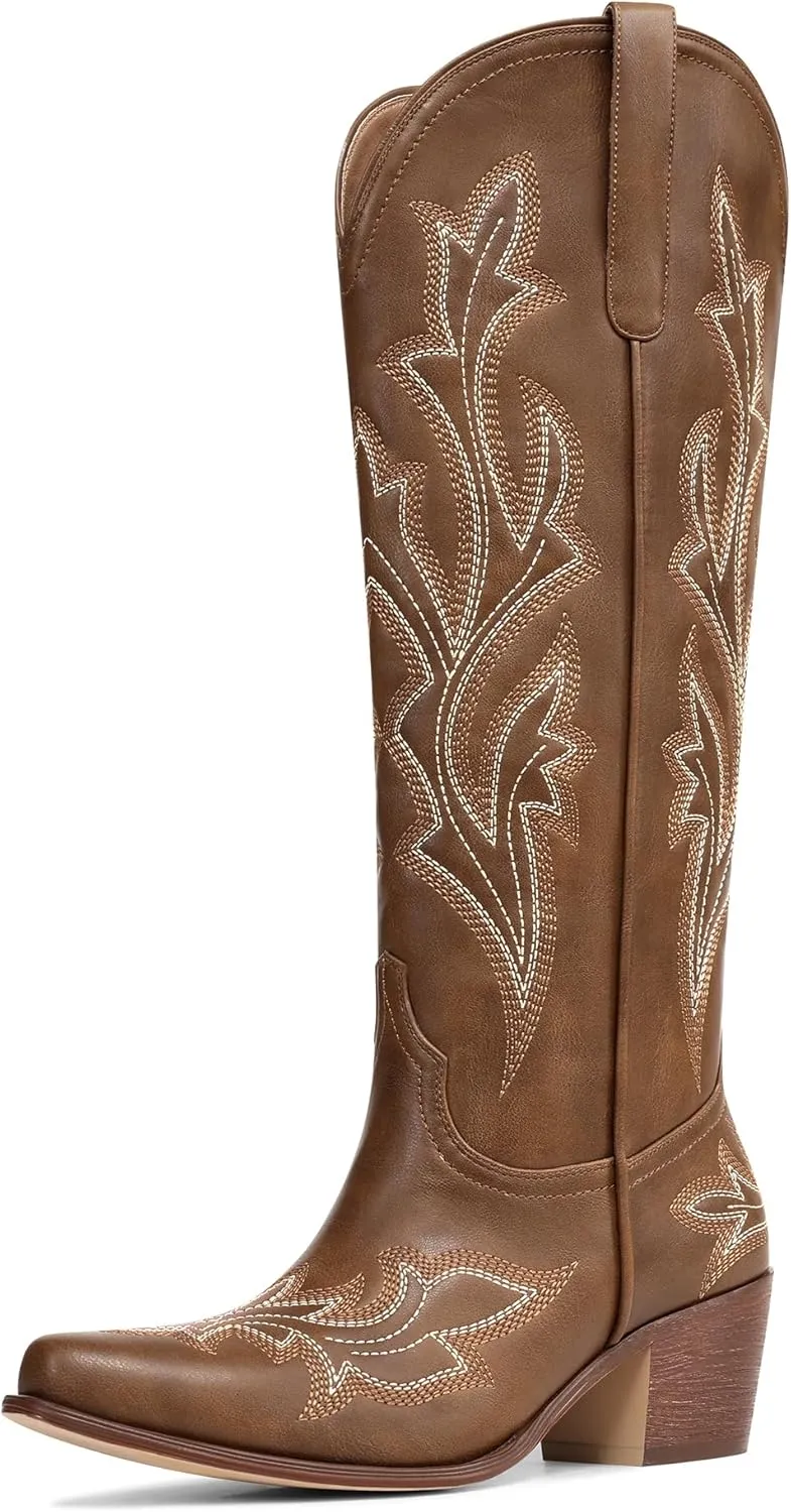 MUCCCUTE Cowboy Boots for Women Western Cowgirl Boots Knee High Pointed Toe Chunky Heels Embroidered Pull On Country Tall Boots