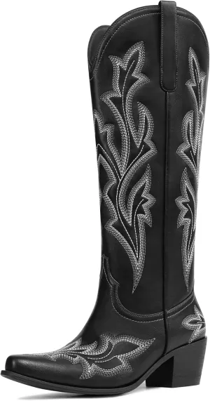 MUCCCUTE Cowboy Boots for Women Western Cowgirl Boots Knee High Pointed Toe Chunky Heels Embroidered Pull On Country Tall Boots
