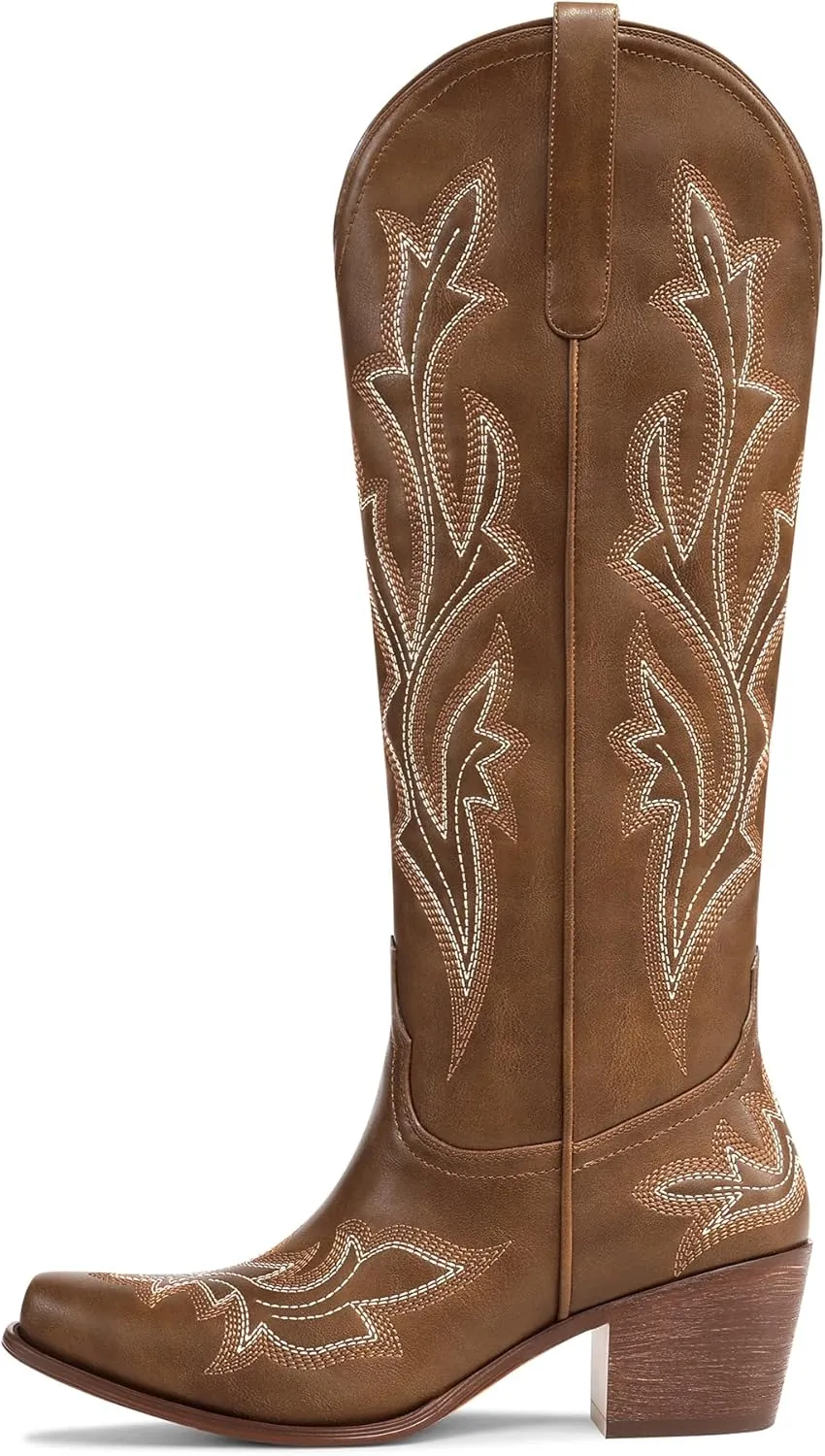 MUCCCUTE Cowboy Boots for Women Western Cowgirl Boots Knee High Pointed Toe Chunky Heels Embroidered Pull On Country Tall Boots