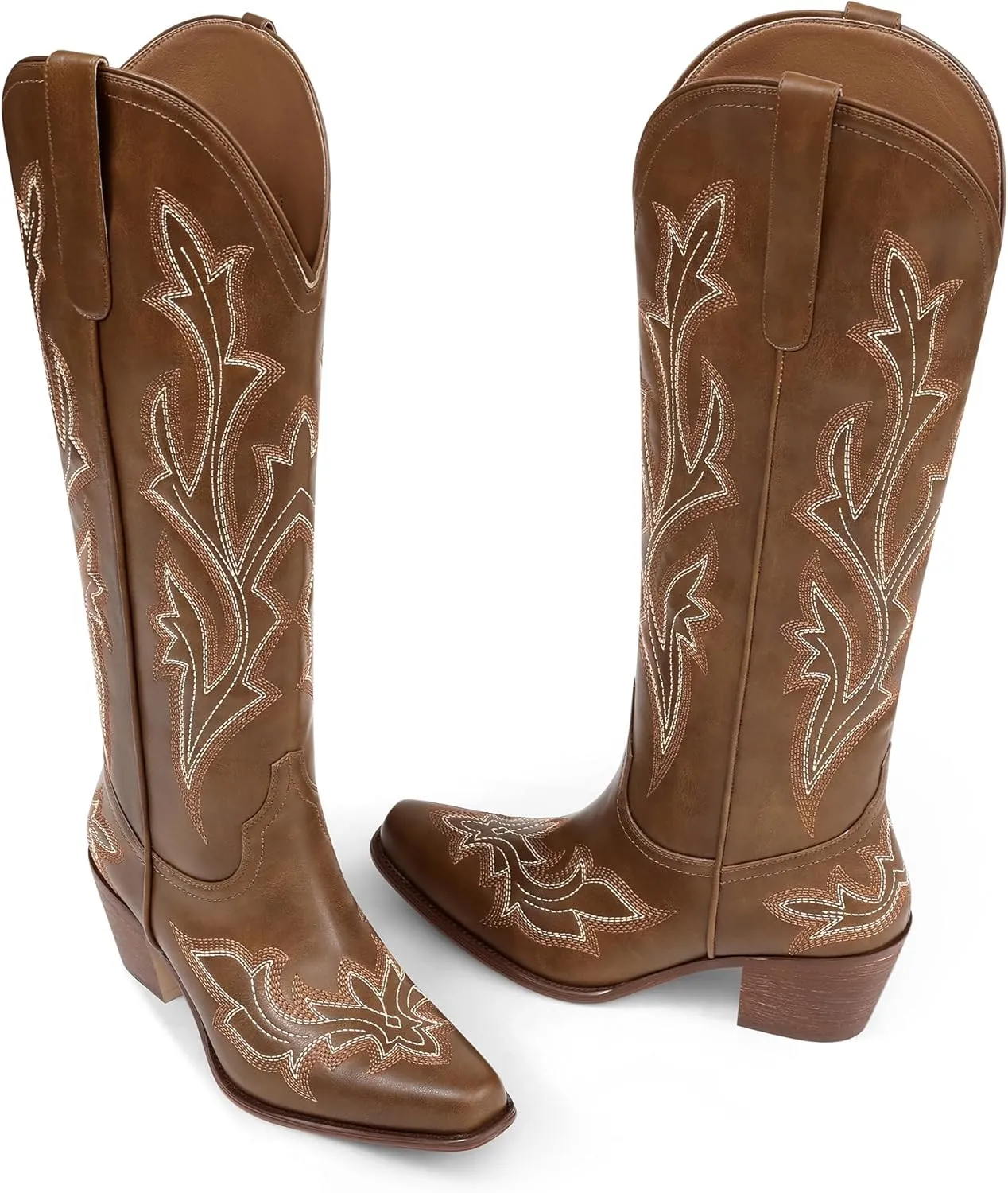 MUCCCUTE Cowboy Boots for Women Western Cowgirl Boots Knee High Pointed Toe Chunky Heels Embroidered Pull On Country Tall Boots