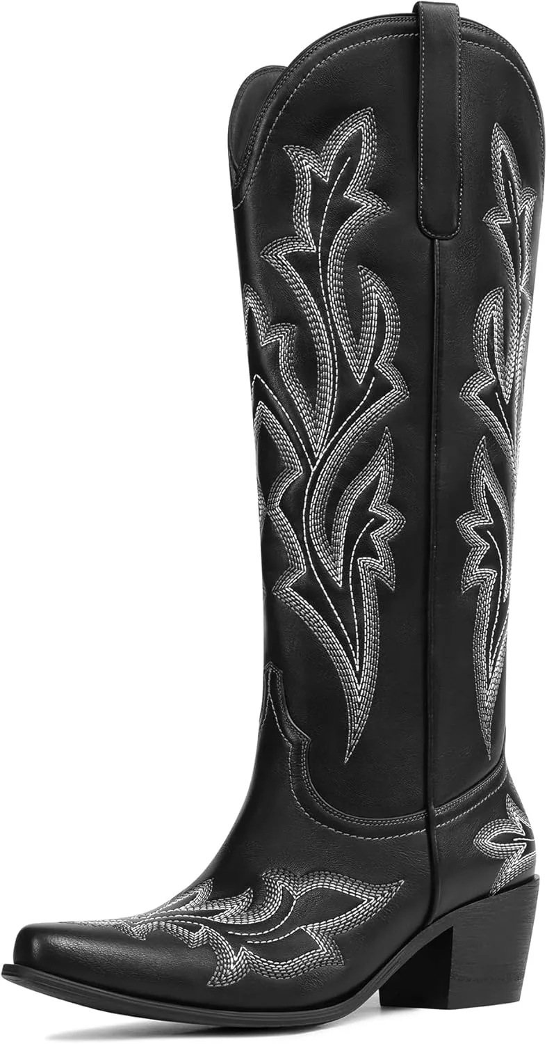 MUCCCUTE Cowboy Boots for Women Western Cowgirl Boots Knee High Pointed Toe Chunky Heels Embroidered Pull On Country Tall Boots
