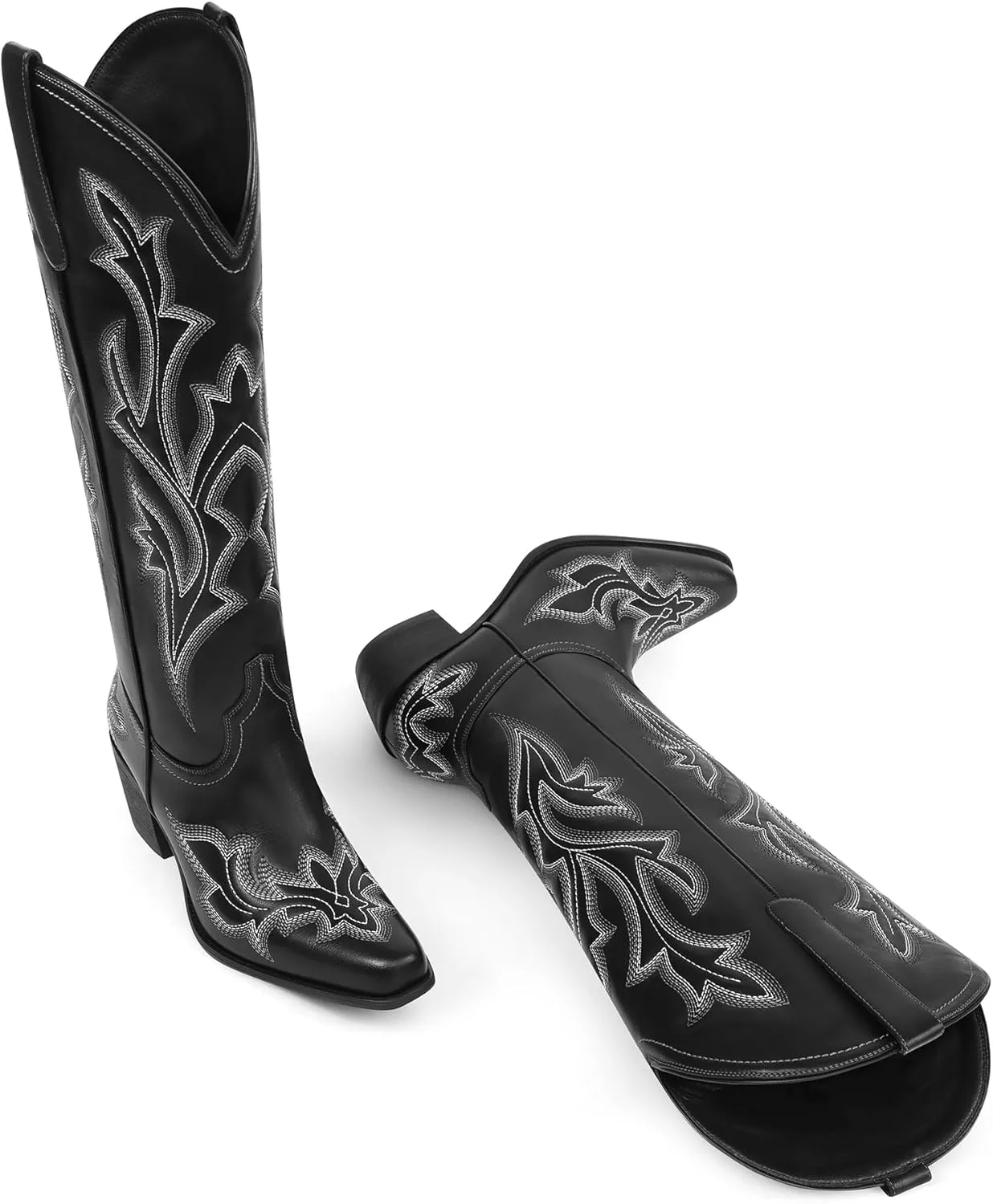 MUCCCUTE Cowboy Boots for Women Western Cowgirl Boots Knee High Pointed Toe Chunky Heels Embroidered Pull On Country Tall Boots