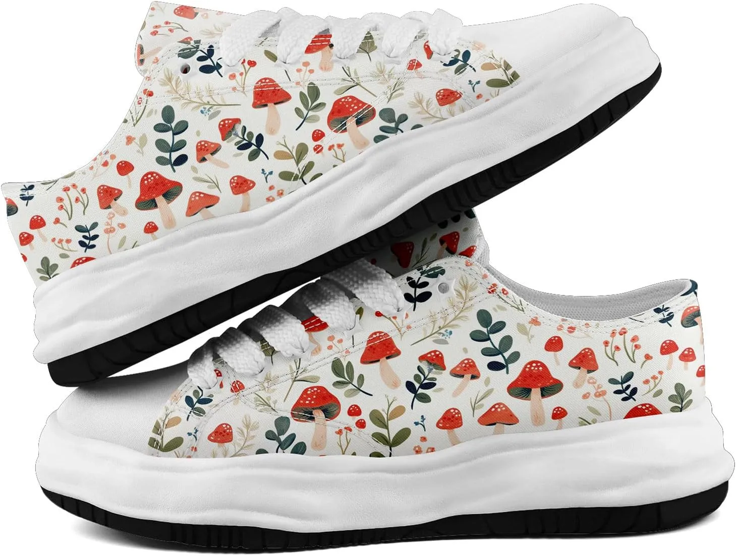 Mushroom Floral Canvas Sneakers for Women's Men's Low-Top Trendy Lace-Up Walking Casual Shoes Spring Summer Footwear