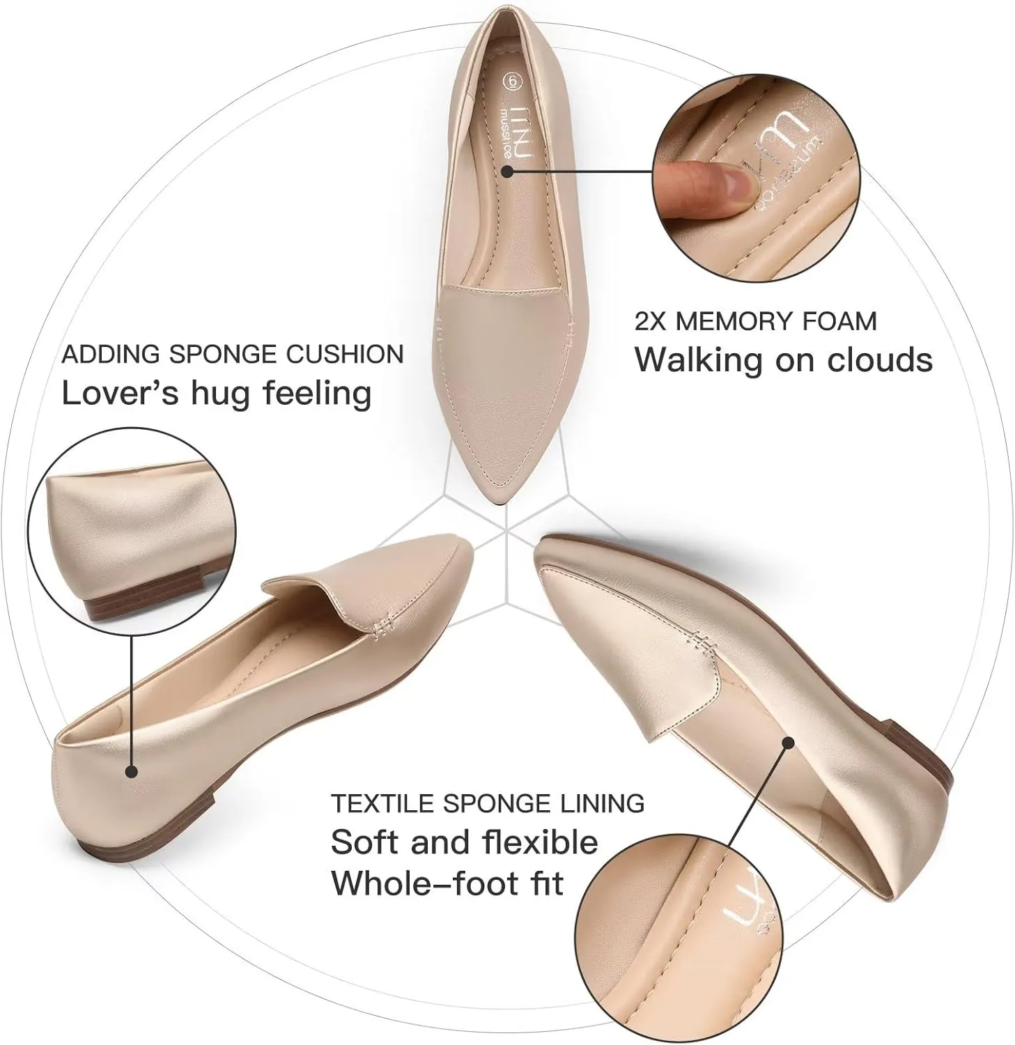 MUSSHOE Loafers for Women Comfortable Pointed Toe Memory Foam Women's Loafers