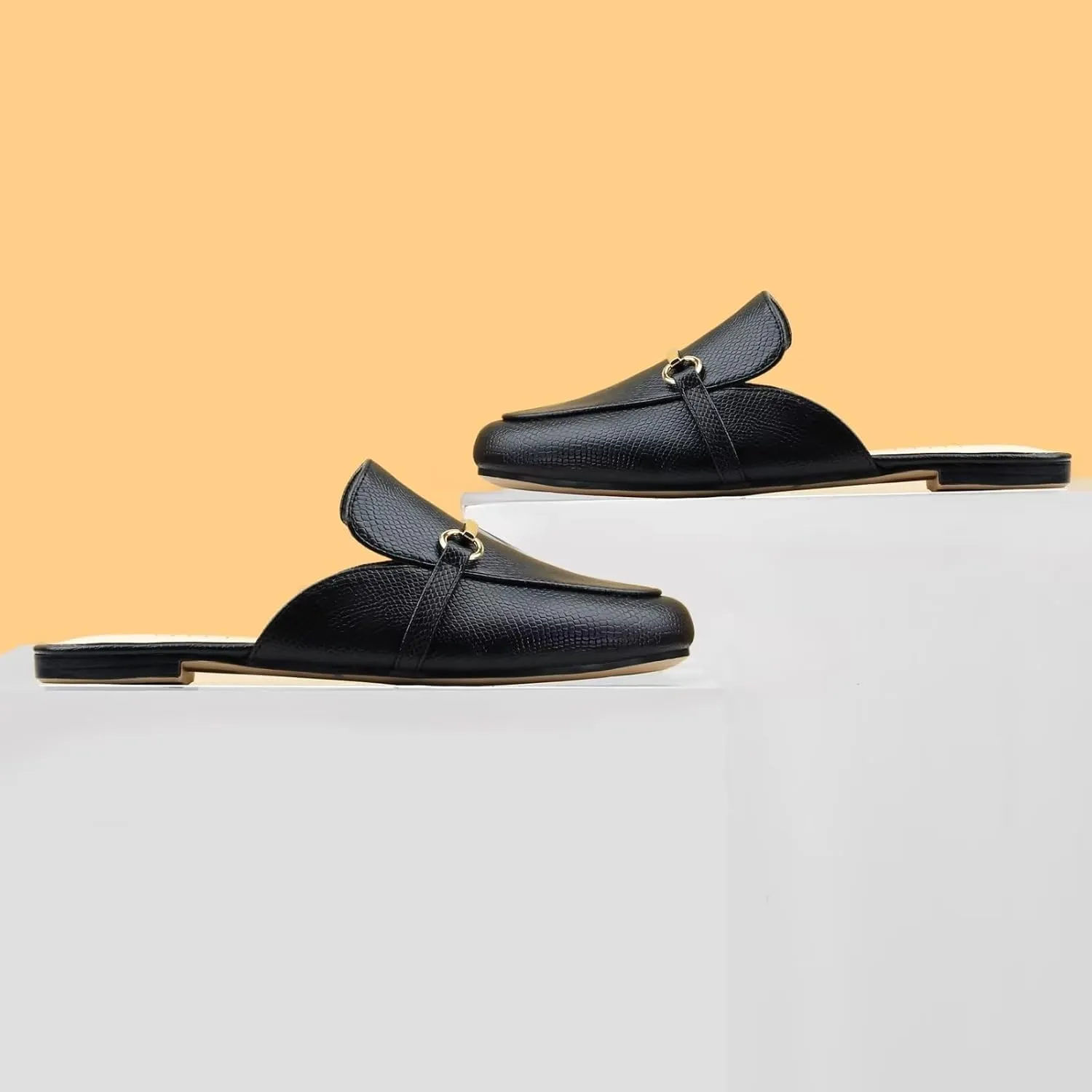 MUSSHOE Mules for Woman Buckle Flats Comfortable Slip on Women Mules Flats Shoes Backless Loafers