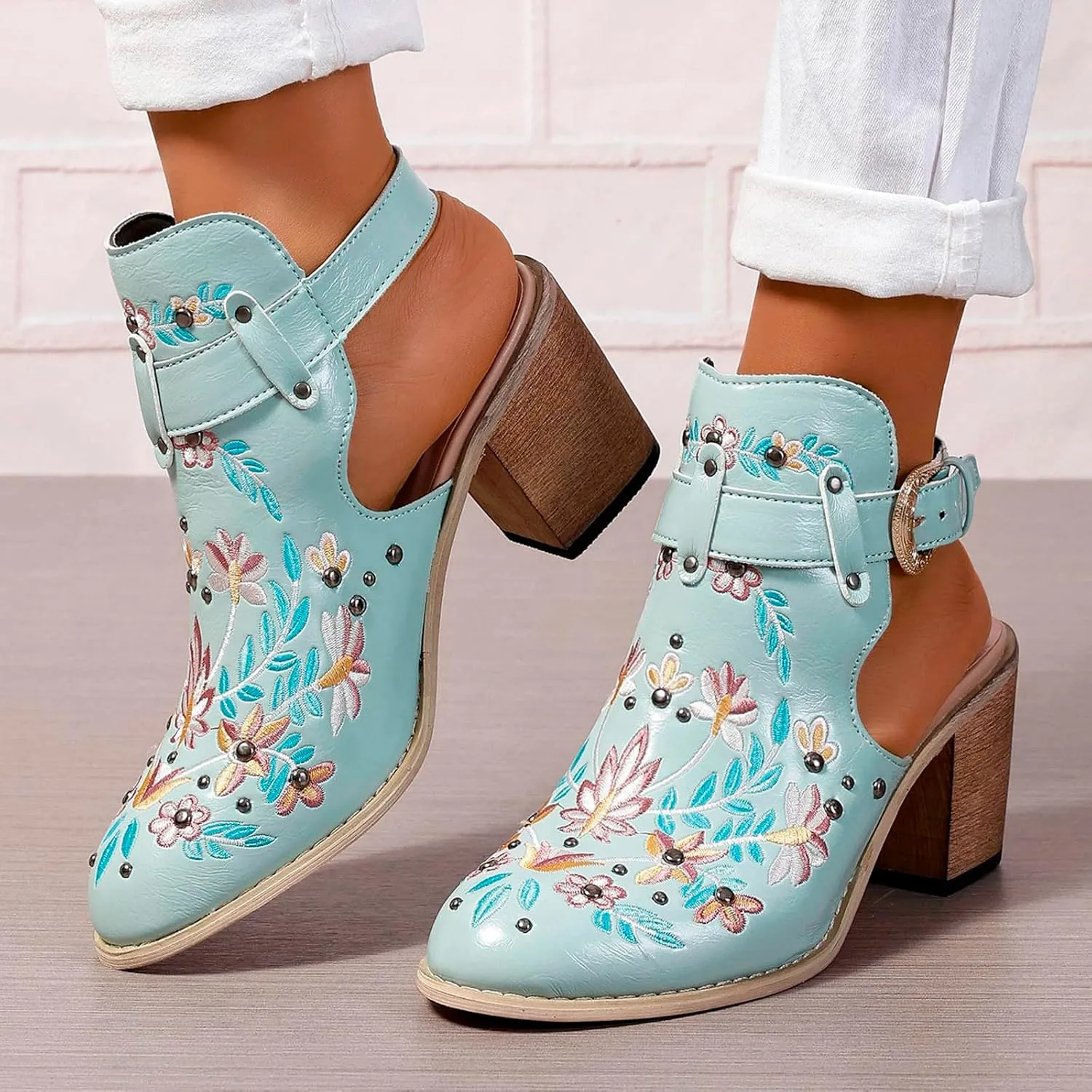 New Europe and The United States Foreign Trade Embroidery Retro High Heeled Shoes Thick with Womens Heeled Boots Size 11