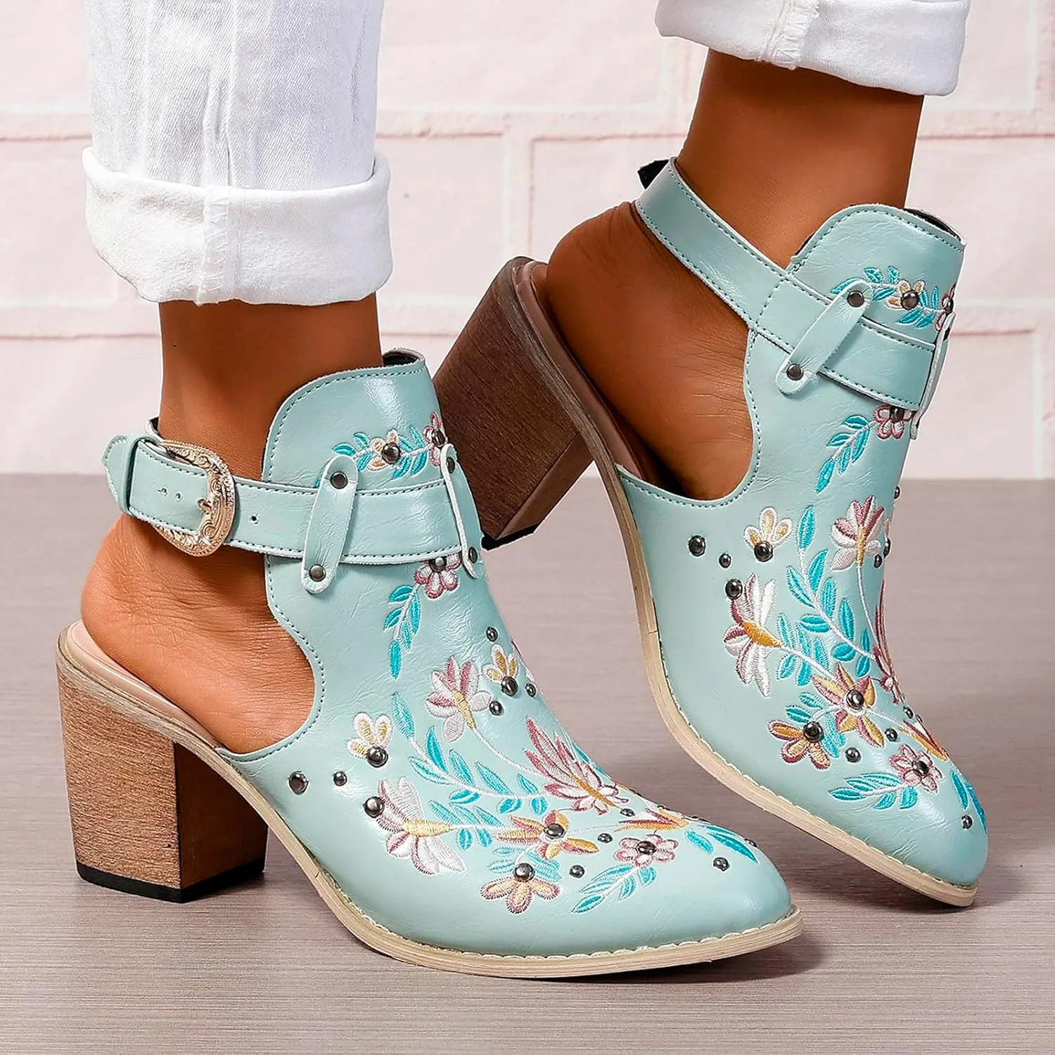 New Europe and The United States Foreign Trade Embroidery Retro High Heeled Shoes Thick with Womens Heeled Boots Size 11
