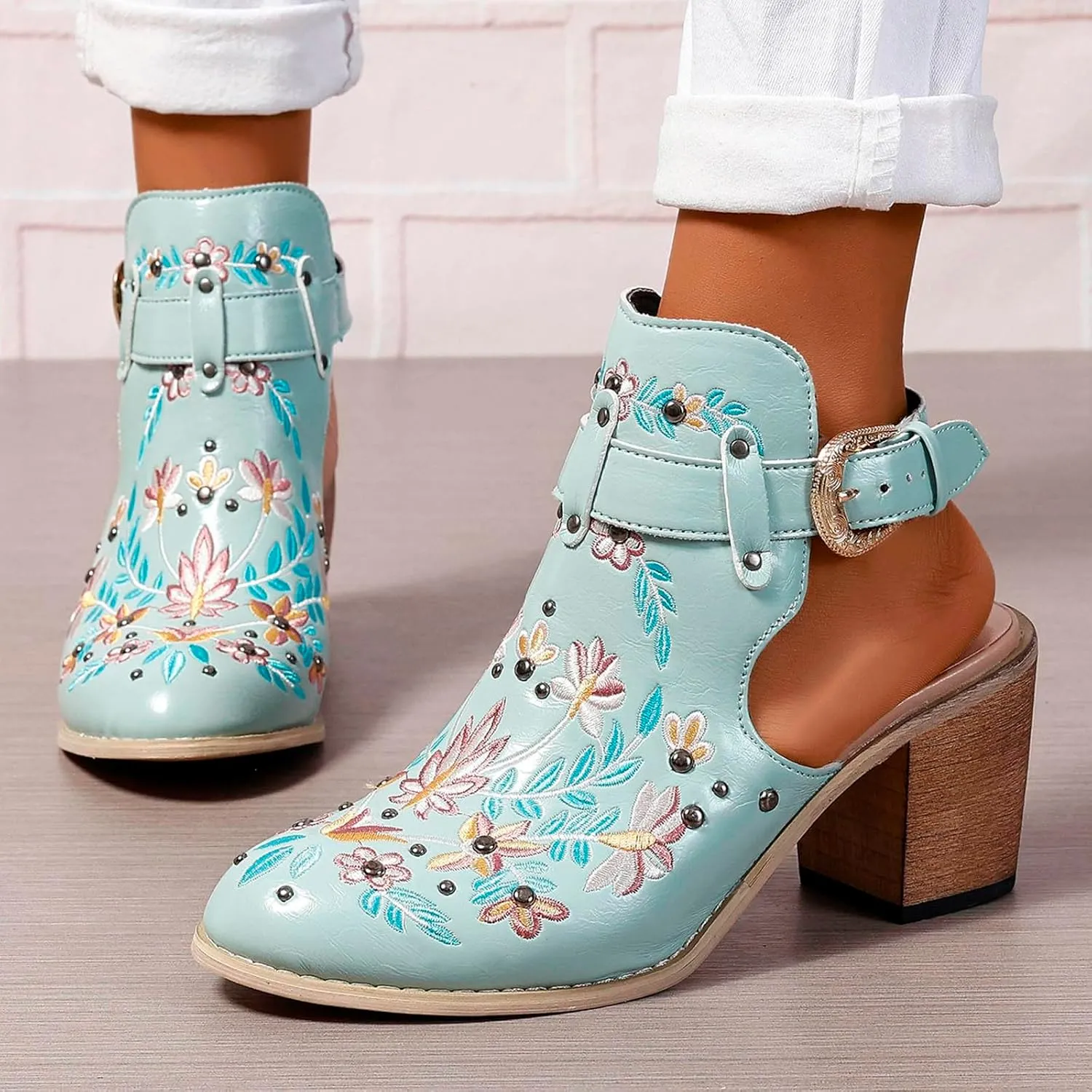 New Europe and The United States Foreign Trade Embroidery Retro High Heeled Shoes Thick with Womens Heeled Boots Size 11