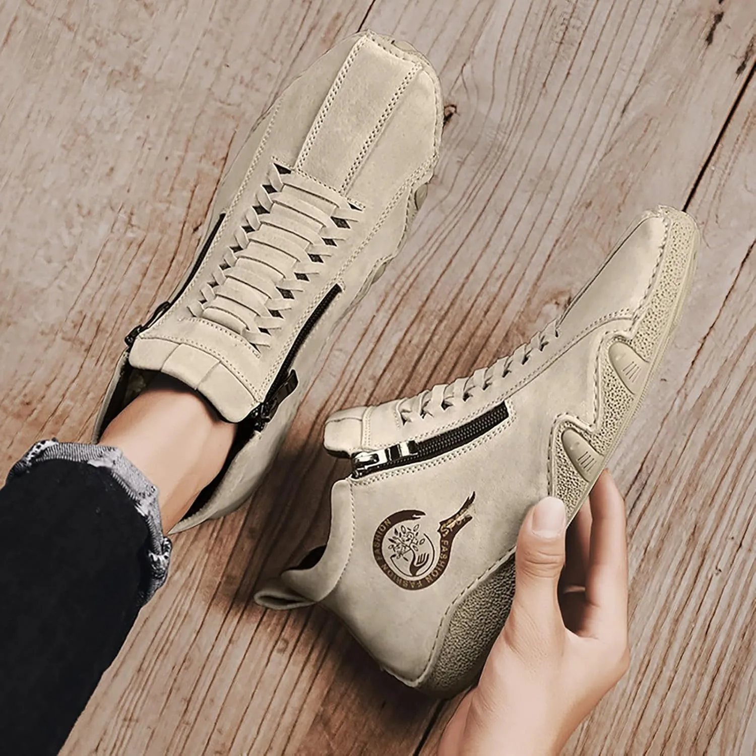 New Spring and Men's Leather Shoes Korean Fashion Zipper Short Boots Shoe Sneaker Crease Shield Men