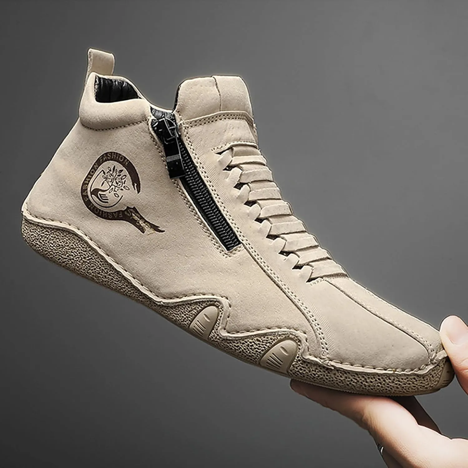 New Spring and Men's Leather Shoes Korean Fashion Zipper Short Boots Shoe Sneaker Crease Shield Men