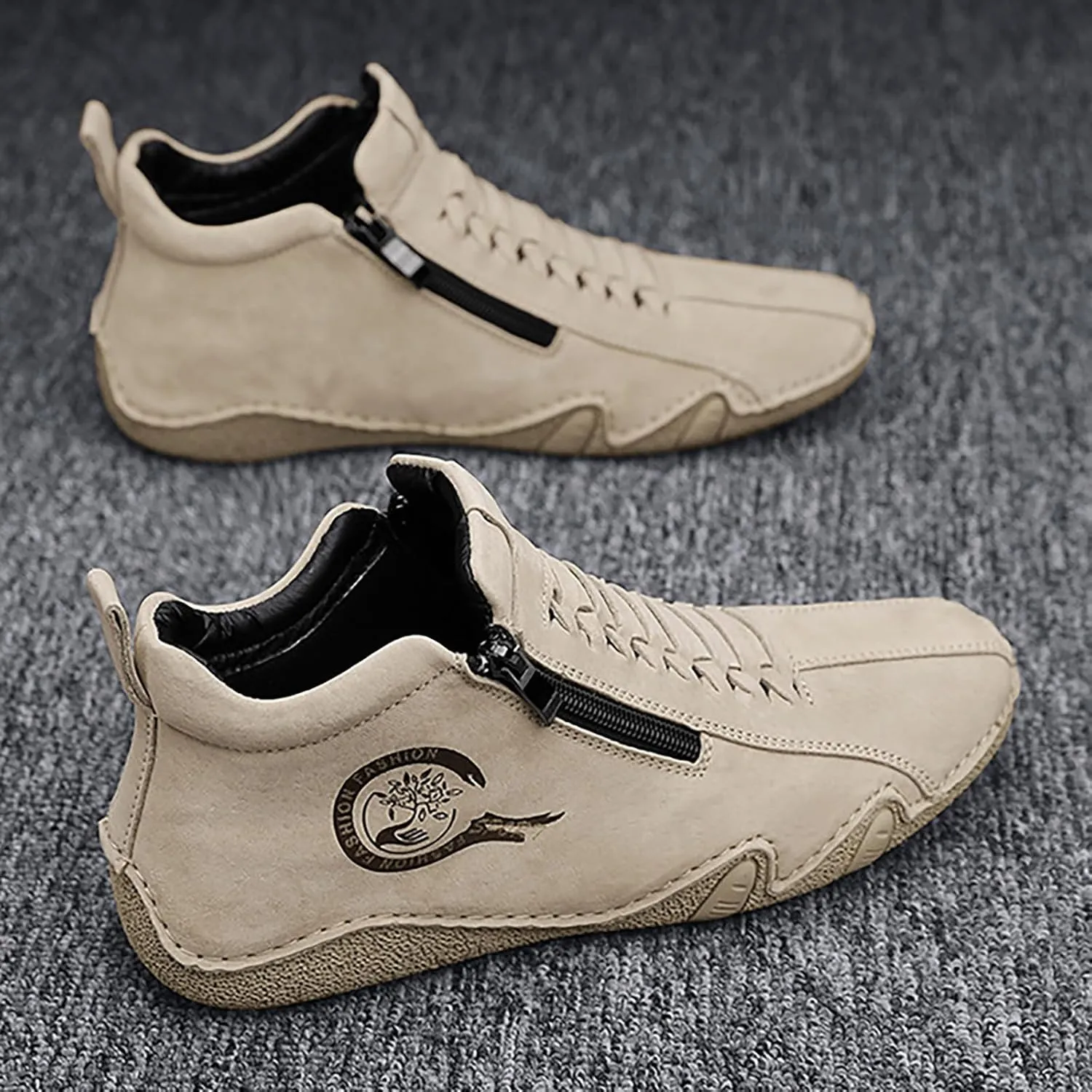 New Spring and Men's Leather Shoes Korean Fashion Zipper Short Boots Shoe Sneaker Crease Shield Men