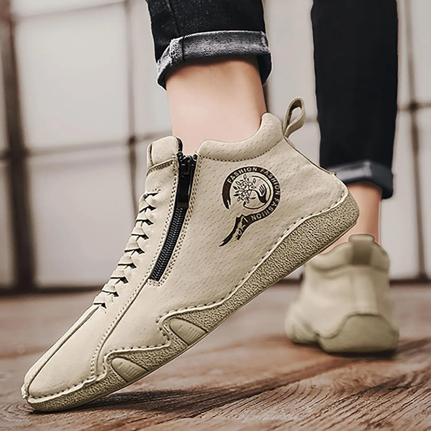 New Spring and Men's Leather Shoes Korean Fashion Zipper Short Boots Shoe Sneaker Crease Shield Men