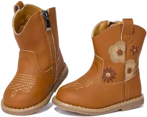 Newsonet Baby Cowboy Cowgirl Boots Western First Walker Shoes Boys Girls Round Toe Boots Winter All Seasons 6-24 Months Infant Toddler