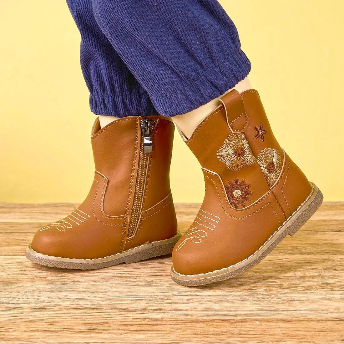 Newsonet Baby Cowboy Cowgirl Boots Western First Walker Shoes Boys Girls Round Toe Boots Winter All Seasons 6-24 Months Infant Toddler