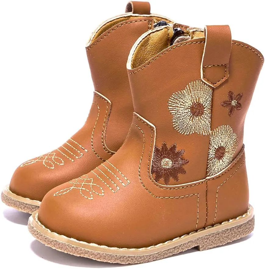 Newsonet Baby Cowboy Cowgirl Boots Western First Walker Shoes Boys Girls Round Toe Boots Winter All Seasons 6-24 Months Infant Toddler