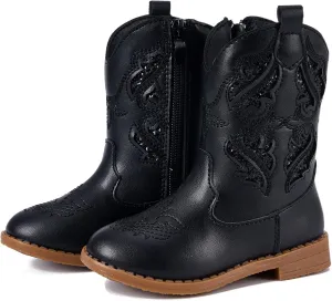 Newsonet Toddler Girls Cowboy Cowgirl Boots Round Toe Western Boots Mid Calf Side Zipper Riding Shoes for All Seasons Spring Summer Winter Fall