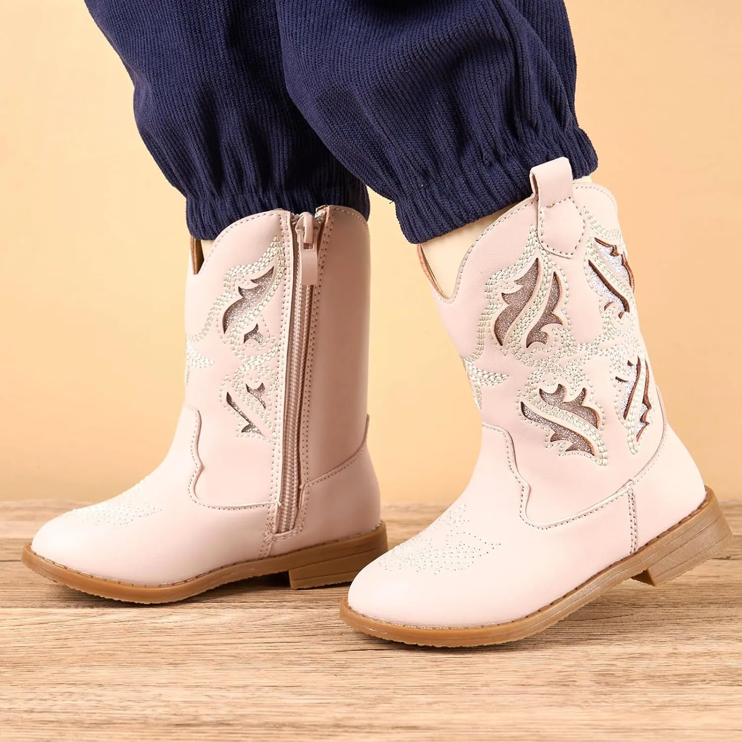 Newsonet Toddler Girls Cowboy Cowgirl Boots Round Toe Western Boots Mid Calf Side Zipper Riding Shoes for All Seasons Spring Summer Winter Fall