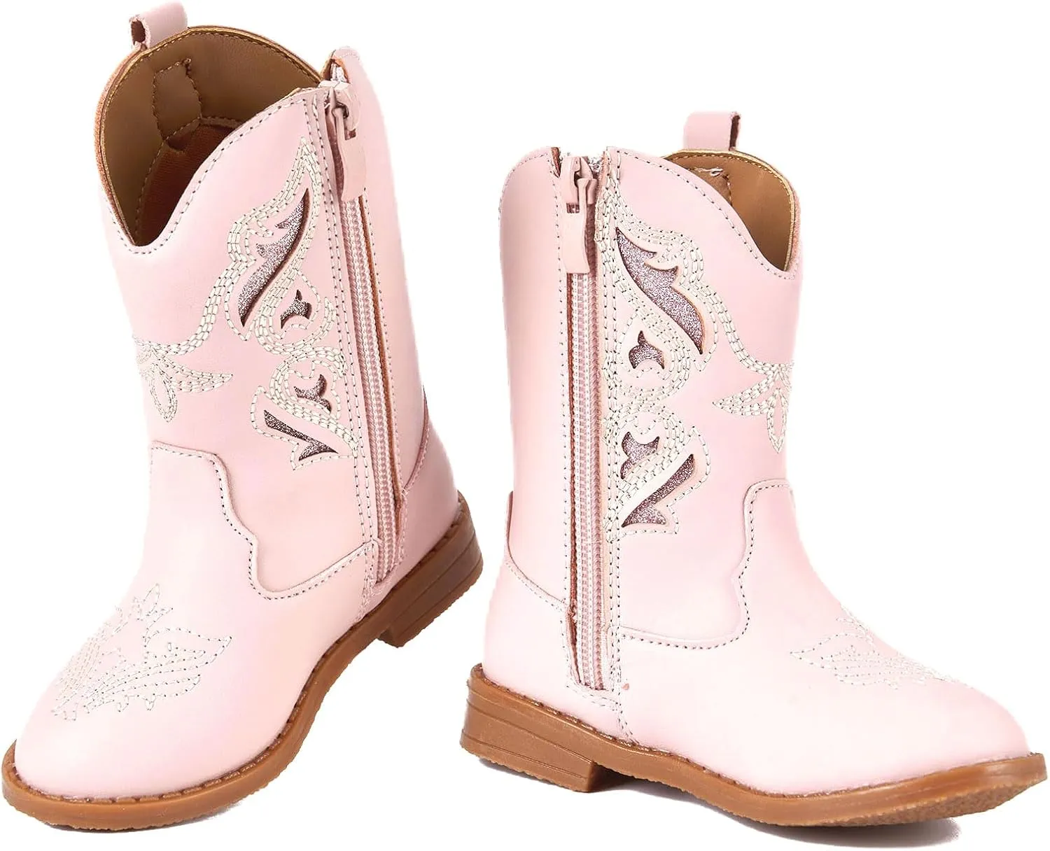 Newsonet Toddler Girls Cowboy Cowgirl Boots Round Toe Western Boots Mid Calf Side Zipper Riding Shoes for All Seasons Spring Summer Winter Fall