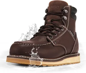 NINGO Steel/Soft Toe Work Boots for Men, 6 Inch Waterproof Mens Wedge Moc Toe Boots, Full-Grain Leather, Oil and Slip-Resistant Safety Boots, EH Protection,Work Boots for Construction, Industrial