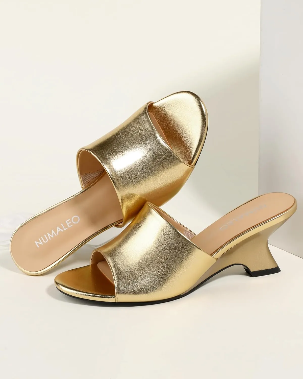 NUMALEO Women's Comfortable Low Kitten Heels Sandals, Slip-On Open Peep Toe Wedge Slide Mules, Summer Dress Shoes for Party, Homecoming, Daily Wear