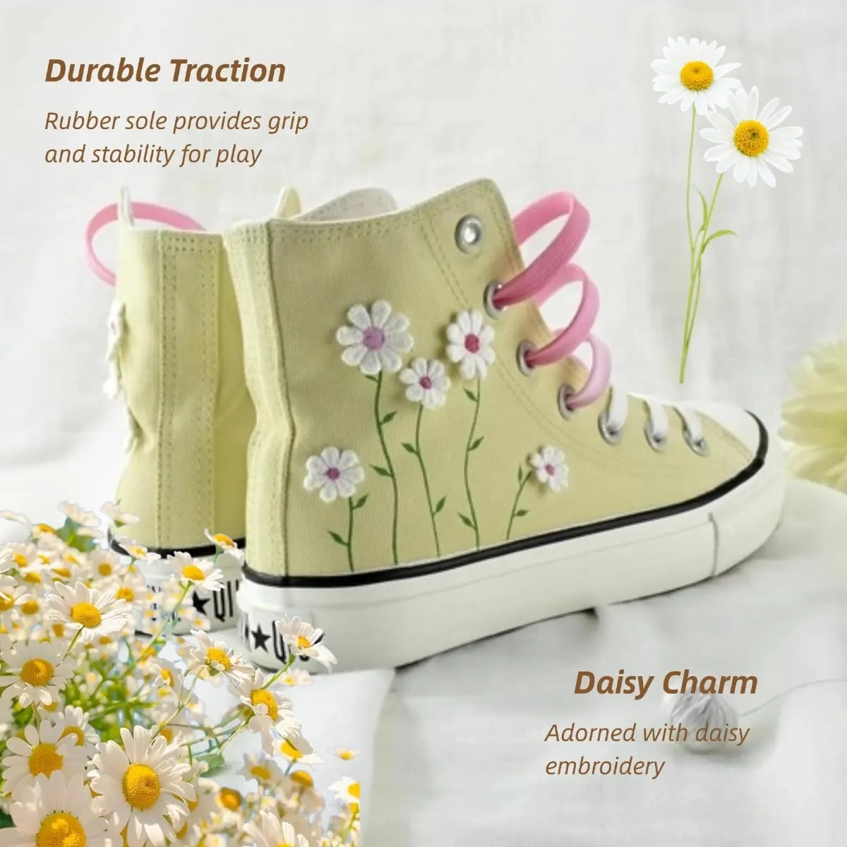 Ocean Foam Floral High Top Canvas Shoes for Women – Embroidered Korean Style Ethnic Graffiti Sneakers – Cute Aesthetic Spring Casual Shoes