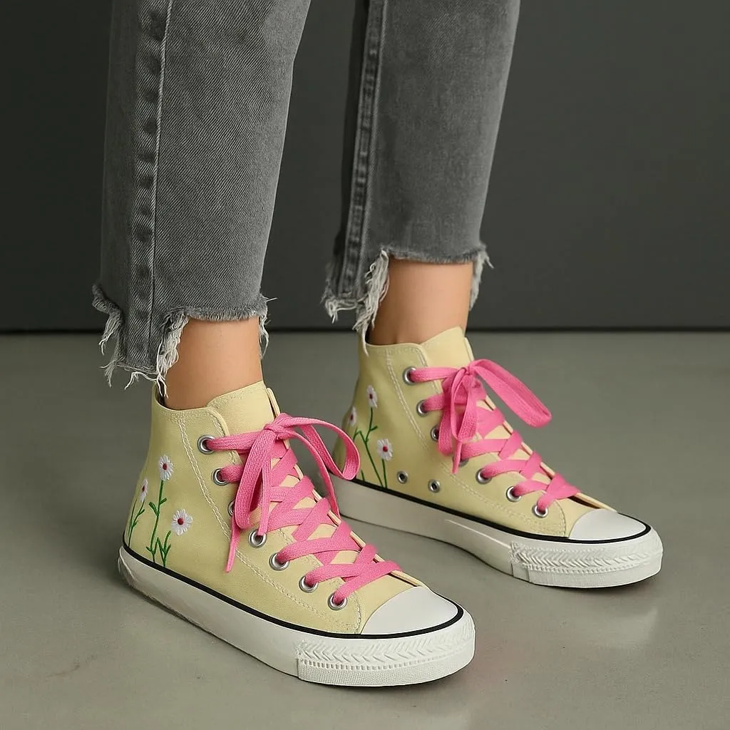 Ocean Foam Floral High Top Canvas Shoes for Women – Embroidered Korean Style Ethnic Graffiti Sneakers – Cute Aesthetic Spring Casual Shoes