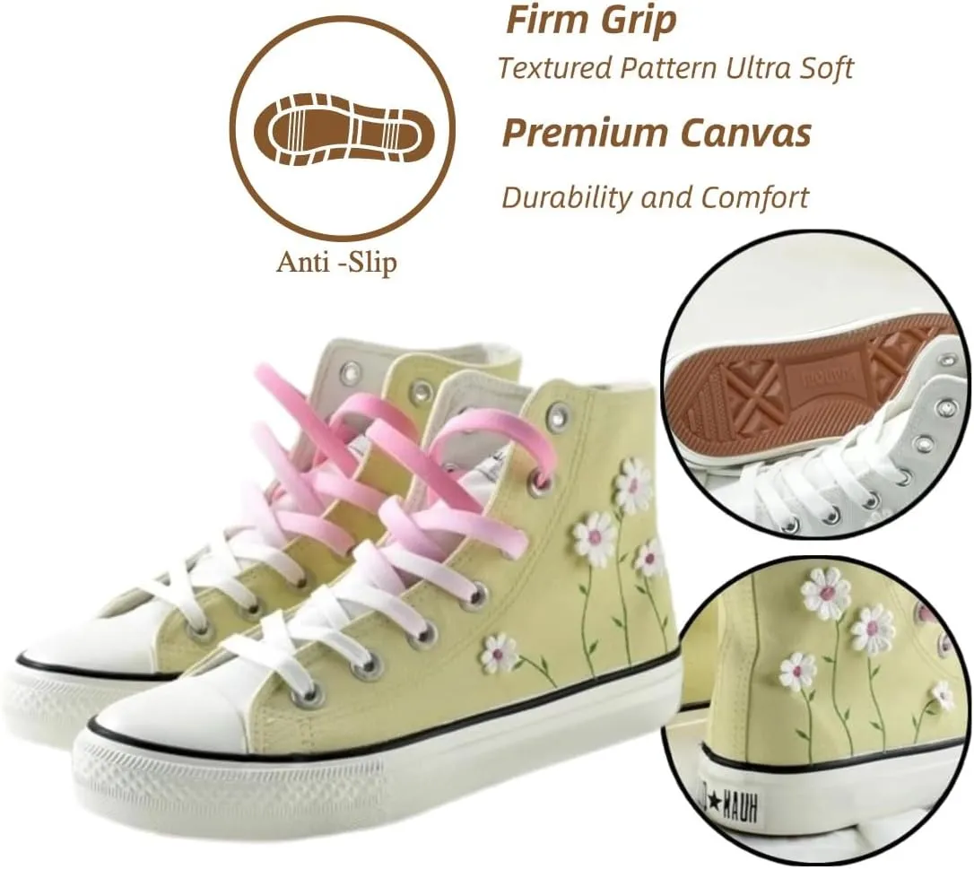Ocean Foam Floral High Top Canvas Shoes for Women – Embroidered Korean Style Ethnic Graffiti Sneakers – Cute Aesthetic Spring Casual Shoes