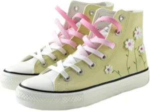 Ocean Foam Floral High Top Canvas Shoes for Women – Embroidered Korean Style Ethnic Graffiti Sneakers – Cute Aesthetic Spring Casual Shoes