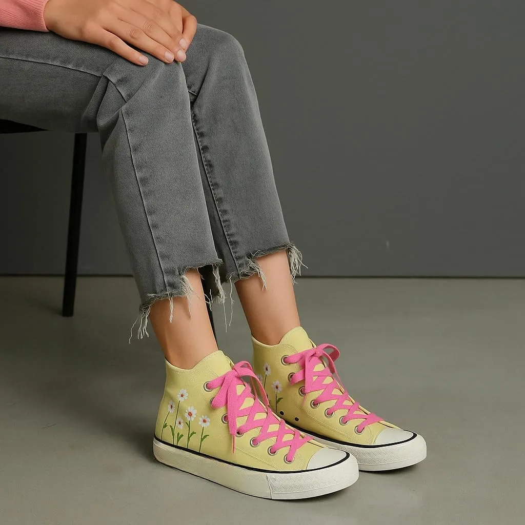 Ocean Foam Floral High Top Canvas Shoes for Women – Embroidered Korean Style Ethnic Graffiti Sneakers – Cute Aesthetic Spring Casual Shoes